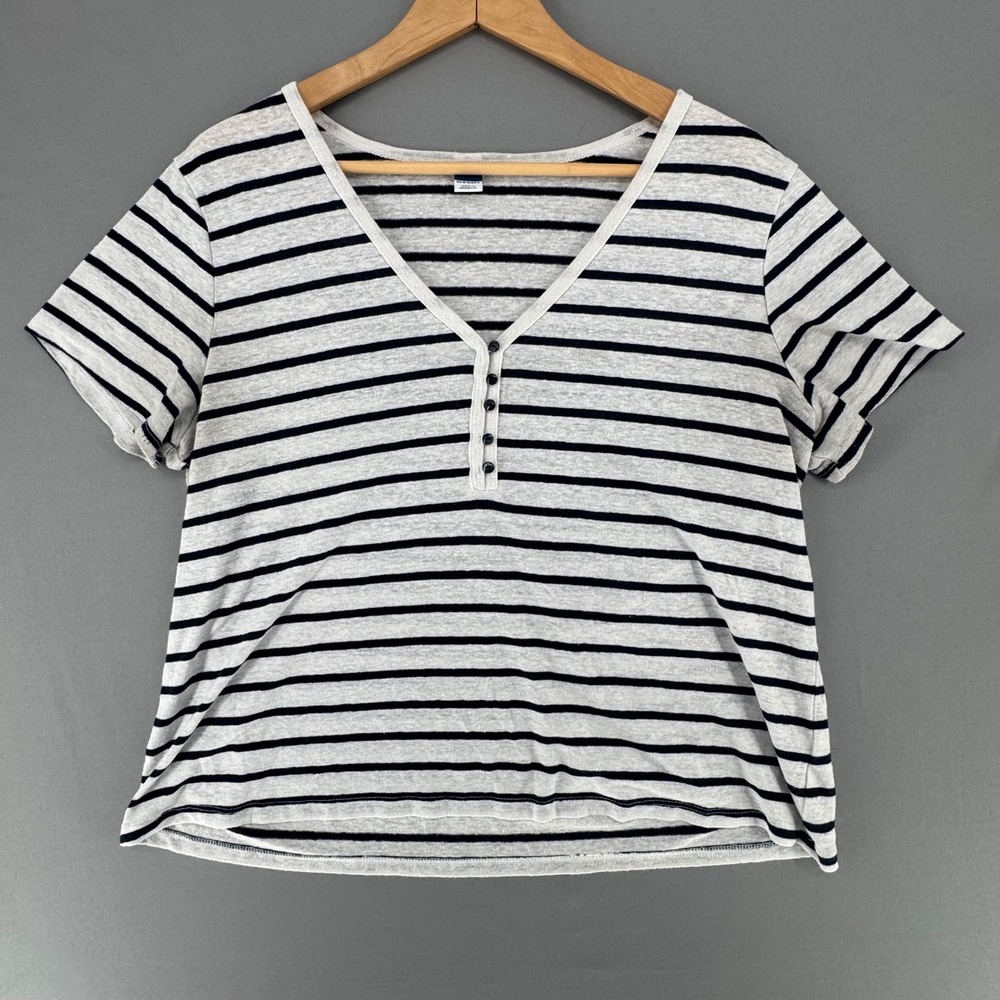 Old Navy Womens Large Striped Linen Blend Henley V-Neck Short Sleeve Top Gray